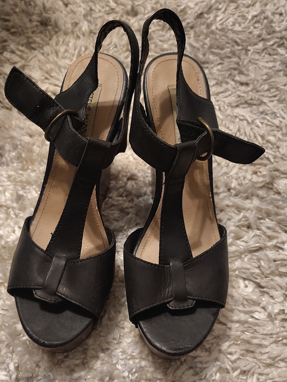 Black Steve Madden Women’s T-Strap Slingback Heeled Sandals